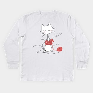 White Knitting Cat - Black Kids Long Sleeve T-Shirt